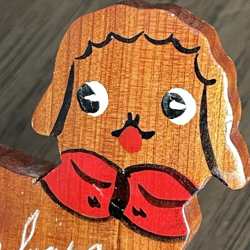 Vintage 1940s Wooden Lamb Brooch Pin Carved Hand Painted Barbara Script READ